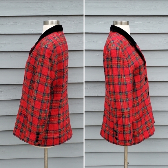 Vintage 90s y2k Talbots Red Green Stuart Tartan Plaid Preppy Blazer Jacket 14 - Picture 3 of 7
